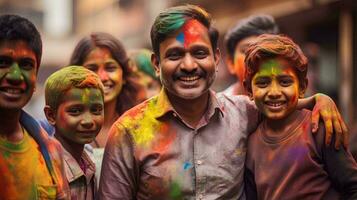 människor fira de holi festival av färger foto