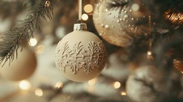 generativ ai, jul och ny år bollar i de gran träd grenar, högtider begrepp, festlig vinter- säsong bakgrund foto