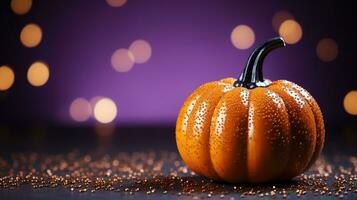 generativ ai, halloween glitter bakgrund med pumpa. orange och violett färger, Semester begrepp med kopia Plats foto