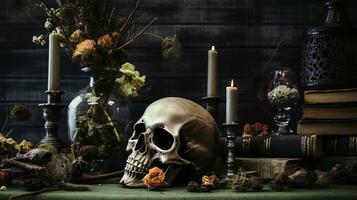generativ ai, halloween bakgrund med skalle, blommor och fjädrar i boho stil, dämpad neutral färger, Hem dekoration foto