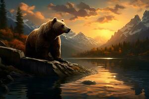 brun Björn Sammanträde på de sten på de sjö sida på de tid av solnedgång - generativ ai foto