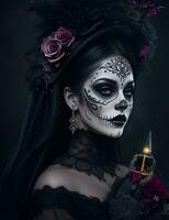skön kvinna med målad skalle på henne ansikte för Mexikos dag av de död- foto