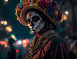 skön kvinna med målad skalle på henne ansikte för Mexikos dag av de död- foto