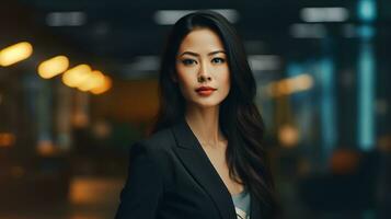 ett asiatisk företag kvinna stående i ett kontor. ai genererad foto