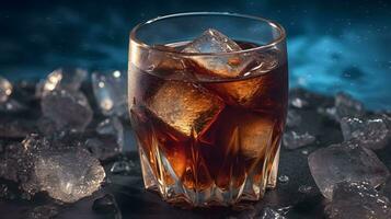 en glas av cola med is kuber på de tabell ai genererad foto