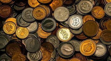 mynt bitcoins. samling av mynt. ai genererad foto