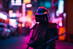 väpnad samuraj och gata med suddig neon lampor på natt på bakgrund generativ ai foto