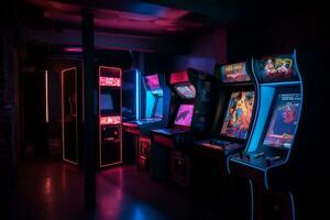 arkad gaming maskin på mörk neon upplyst rum generativ ai foto