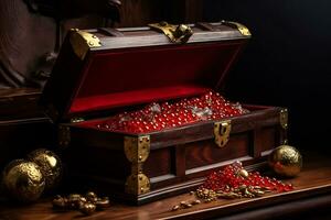 Fantastisk guld skatt i dekorerad röd bröst generativ ai foto
