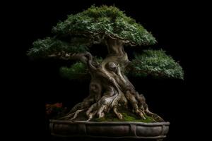 åldrig bonsai träd isolerat på svart bakgrund generativ ai foto