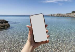 attrapp bild av en kvinna hand innehav vit mobil telefon med tom vit skärm i främre av de turkos hav och himmel bakgrund i en solig dag foto