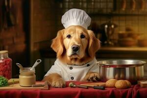 söt hund gyllene retriever kock med kostym redo till matlagning för middag i kök rum, rolig ögonblick, ingrediens för matlagning, sällskapsdjur begrepp, med generativ ai. foto