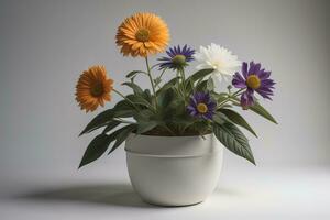 blommor i en pott på en fast Färg bakgrund. ai generativ foto