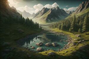 skön fantasi landskap med en flod i de berg. ai generativ foto