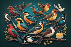 vektor illustration av en grupp av färgrik fåglar Sammanträde på en gren. ai generativ foto