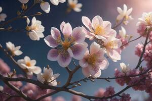 körsbär blomma sakura blomma på blå himmel bakgrund, ai generativ foto