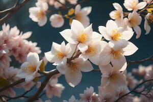 körsbär blomma sakura blomma på blå himmel bakgrund, ai generativ foto