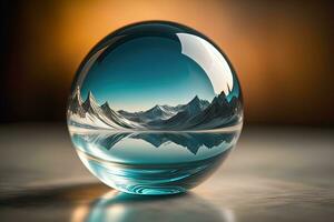 transparent kristall boll på en trä- tabell. ai generativ foto