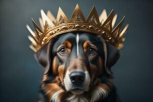 porträtt av en söt hund i en gyllene krona på en fast Färg bakgrund. ai generativ foto