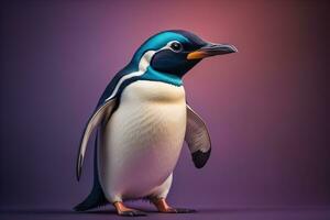 söt pingvin stående i främre av fast Färg bakgrund. ai generativ foto