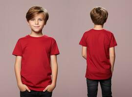främre och tillbaka visningar av en liten pojke bär en röd t-shirt. ai genererad foto