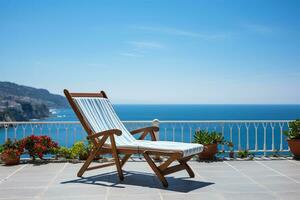 vit däck stol på terrass med fantastisk hav se ai genererad foto