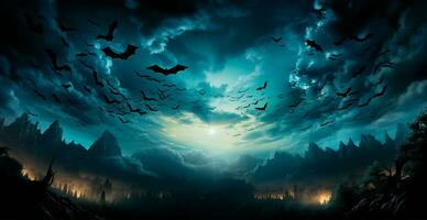 många fladdermöss flygande i de mörk natt, festlig natt av de död, halloween - ai genererad bild foto
