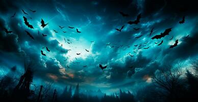 många fladdermöss flygande i de mörk natt, festlig natt av de död, halloween - ai genererad bild foto