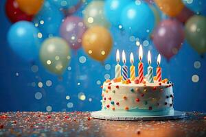 födelsedag kaka med brinnande ljus på blå bakgrund med färgrik ballonger och konfetti, födelsedag kaka med brinnande ljus på blå bakgrund. vektor illustration, ai genererad foto