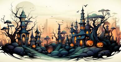 kuslig natt i mörk medeltida slott, skrämmande atmosfär för halloween Semester bakgrund begrepp - ai genererad bild foto