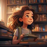 söt flicka läsning litteratur på bibliotek foto
