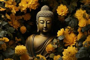 en gyllene buddha staty omgiven förbi blommor ai genererad foto