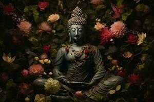 buddha staty med lotus blomma och grön löv bakgrund ai genererad foto