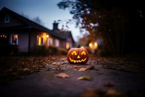 halloween pumpor i främre av en hus på natt, halloween bakgrund ai genererad foto