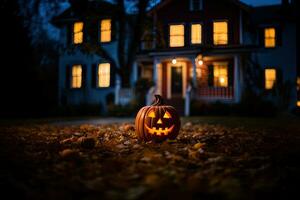 halloween pumpor i främre av en hus på natt, halloween bakgrund ai genererad foto