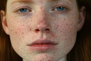 en stänga upp av en kvinna med fräknar, rosacea couperose rodnad hud ai genererad foto