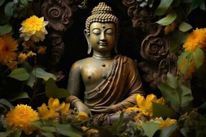 en gyllene buddha staty omgiven förbi blommor ai genererad foto