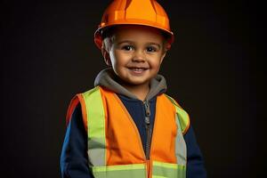porträtt av en söt liten pojke i en konstruktion hjälm ai genererad foto