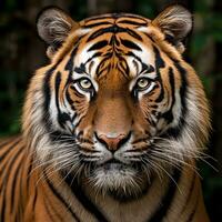 närbild skott av de huvud av en majestätisk tiger ser direkt på de kamera foto