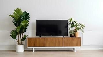 TV på de skåp i modern levande rum med växt på vit vägg bakgrund foto