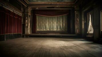 tömma, gammal, övergiven, 1920 teater skede med gardiner foto