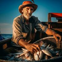 en man Sammanträde på en båt med fisk foto