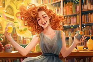 skön ung kvinna med lockigt röd hår innehav en glas burk av orange juice. självsäker kvinna i en strömmande klänning i en mysigt, historisk bokhandel, omgiven, ai genererad foto