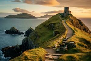 durdle dörr, durdle dörr, grevskap Kerry, Irland, valentia ö i de ringa av kerry i de söder väst kust av irland under ett höst solnedgång, ai genererad foto