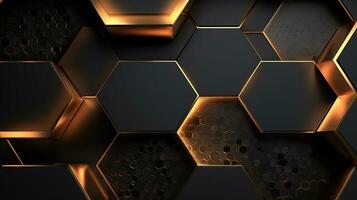lyx hexagonal abstrakt svart metall bakgrund med gyllene ljus rader. mörk 3d geometrisk textur illustration. ljus rutnät mönster. kol elegant bakgrund ai generativ foto