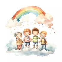 uppsättning av Lycklig barn spelar tillsammans under regnbåge. Lycklig barns dag. vänskap tema. vattenfärg stil foto