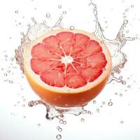 färsk grapefrukt i vatten stänk på vit bakgrund. saftig frukt. generativ ai foto