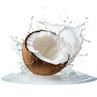 färsk kokos i vatten stänk på vit bakgrund. saftig frukt. generativ ai foto