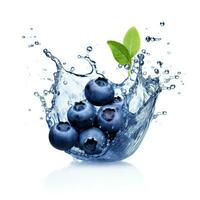 färsk blåbär i vatten stänk på vit bakgrund. saftig frukt. generativ ai foto