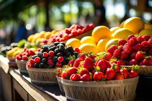 visa av frukt på bönders marknadsföra foto